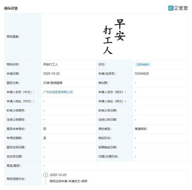 早安打工人已被注册商标